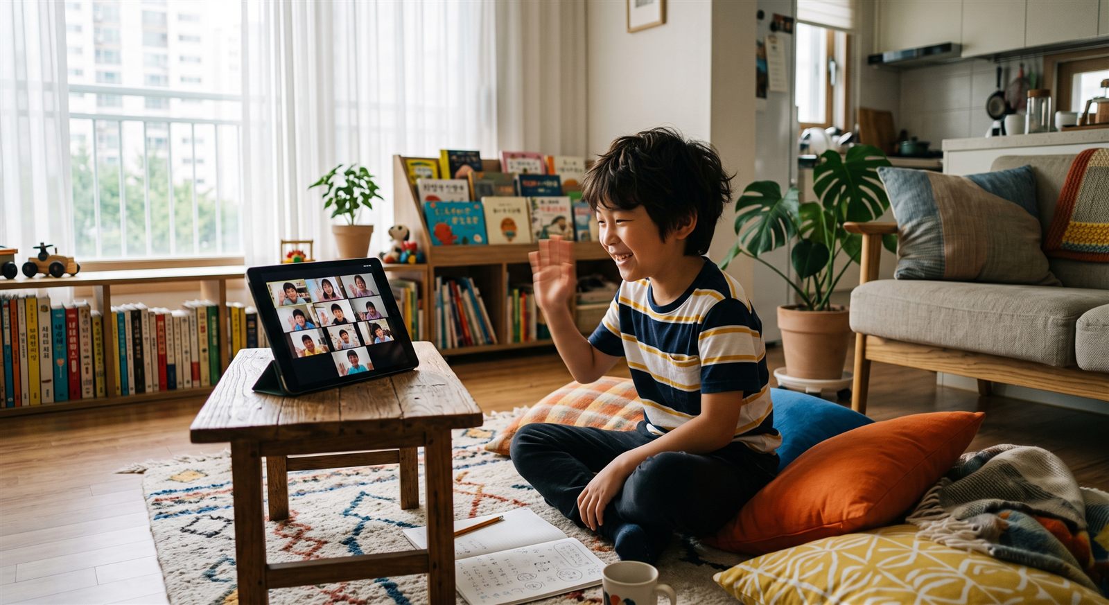 ソウルのマンションのリビングで、ラグに座りタブレットのオンライン日本語グループレッスンに笑顔で手を振る9歳くらいの男の子