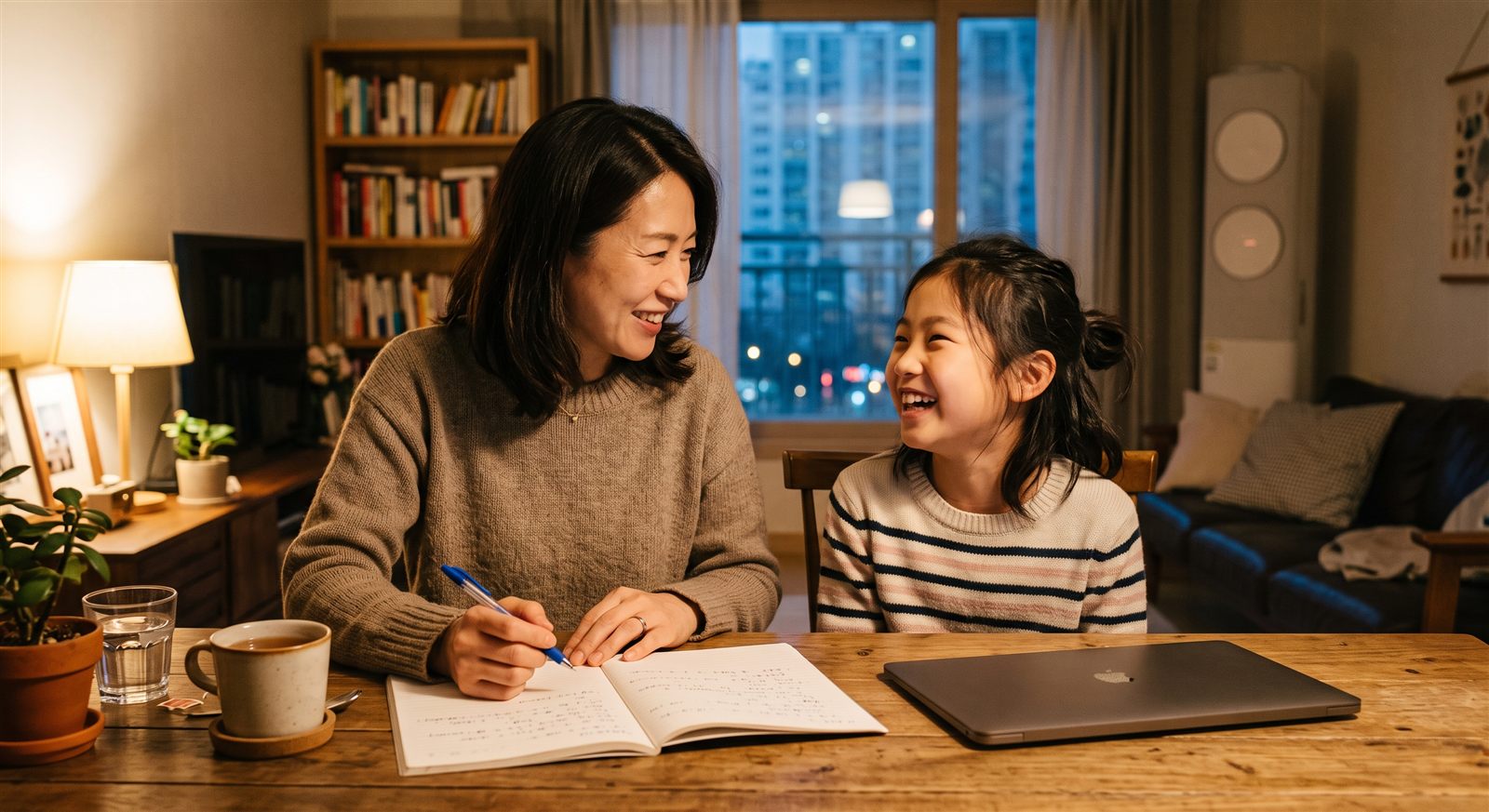 ソウルの自宅のダイニングテーブルで、ノートを開いた母親と10歳くらいの娘が向かい合って笑っている様子