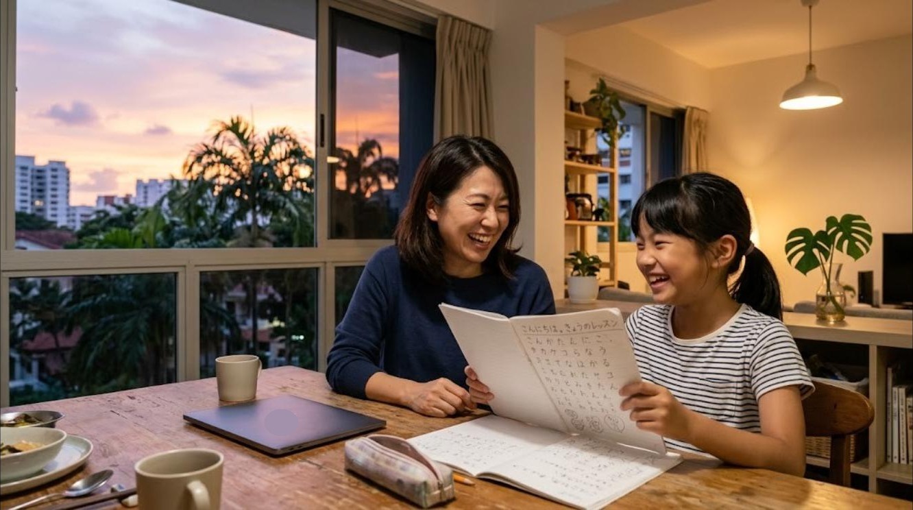 シンガポールの自宅の夕方のダイニングで、レッスンのあとに日本語のノートを母親に見せて笑い合う10歳くらいの女の子
