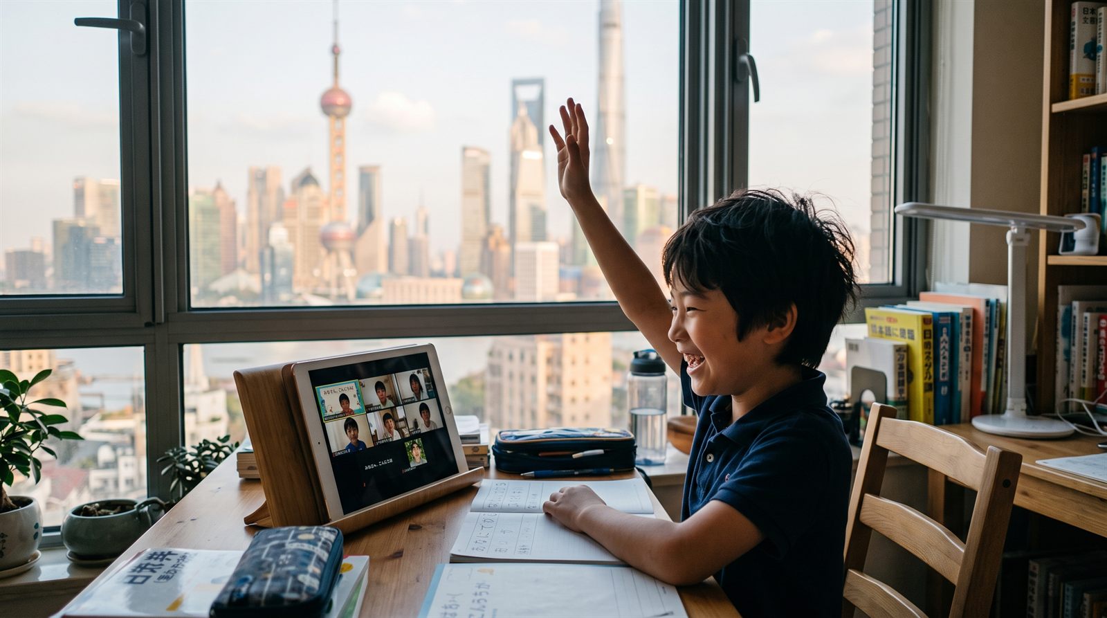 上海の高層アパートの学習コーナーで、タブレットのオンライン日本語グループレッスンに手を挙げて参加する10歳くらいの男の子