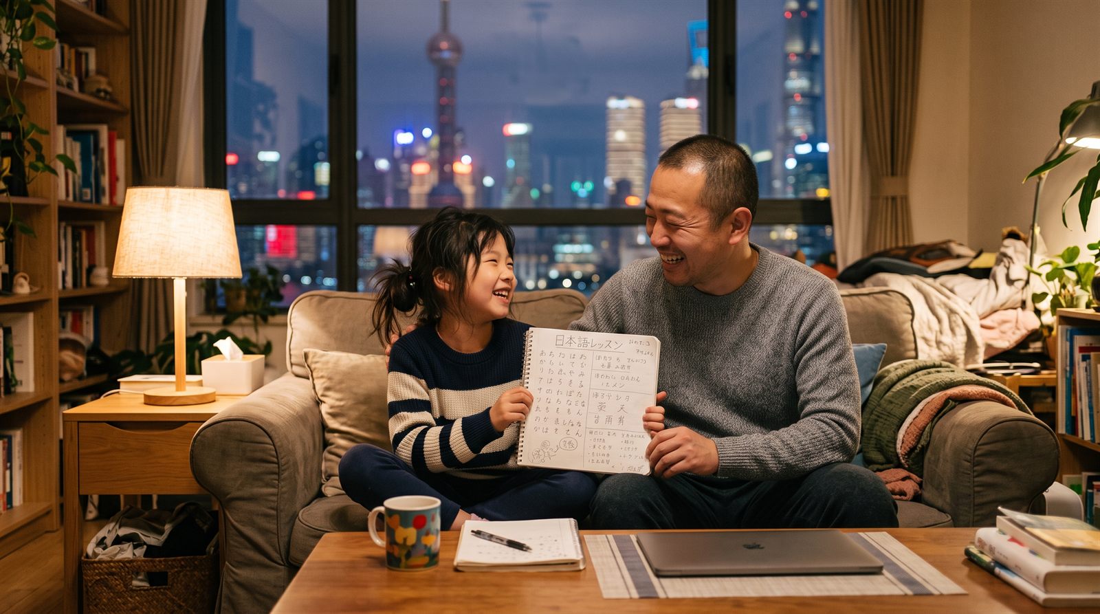 上海のアパートのリビングで、オンライン日本語レッスンのあとノートを見せて笑う女の子と父親