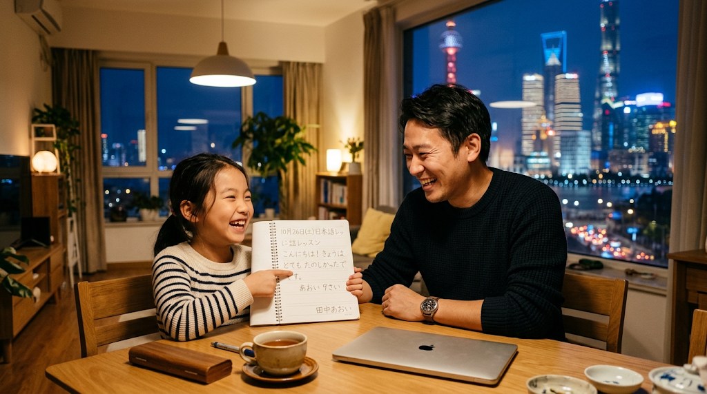 上海の自宅で、レッスンのあとにノートを見せながら父親と笑い合う9歳くらいの女の子