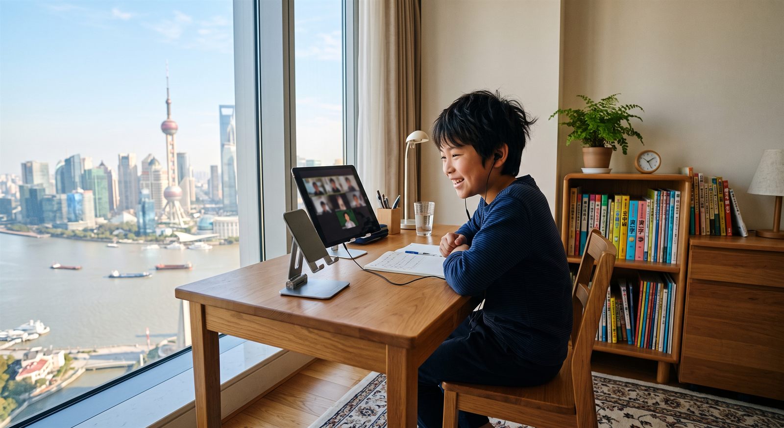 上海の高層マンションの窓辺の学習机で、タブレットのオンライン日本語グループレッスンに身を乗り出して話す10歳くらいの小学生