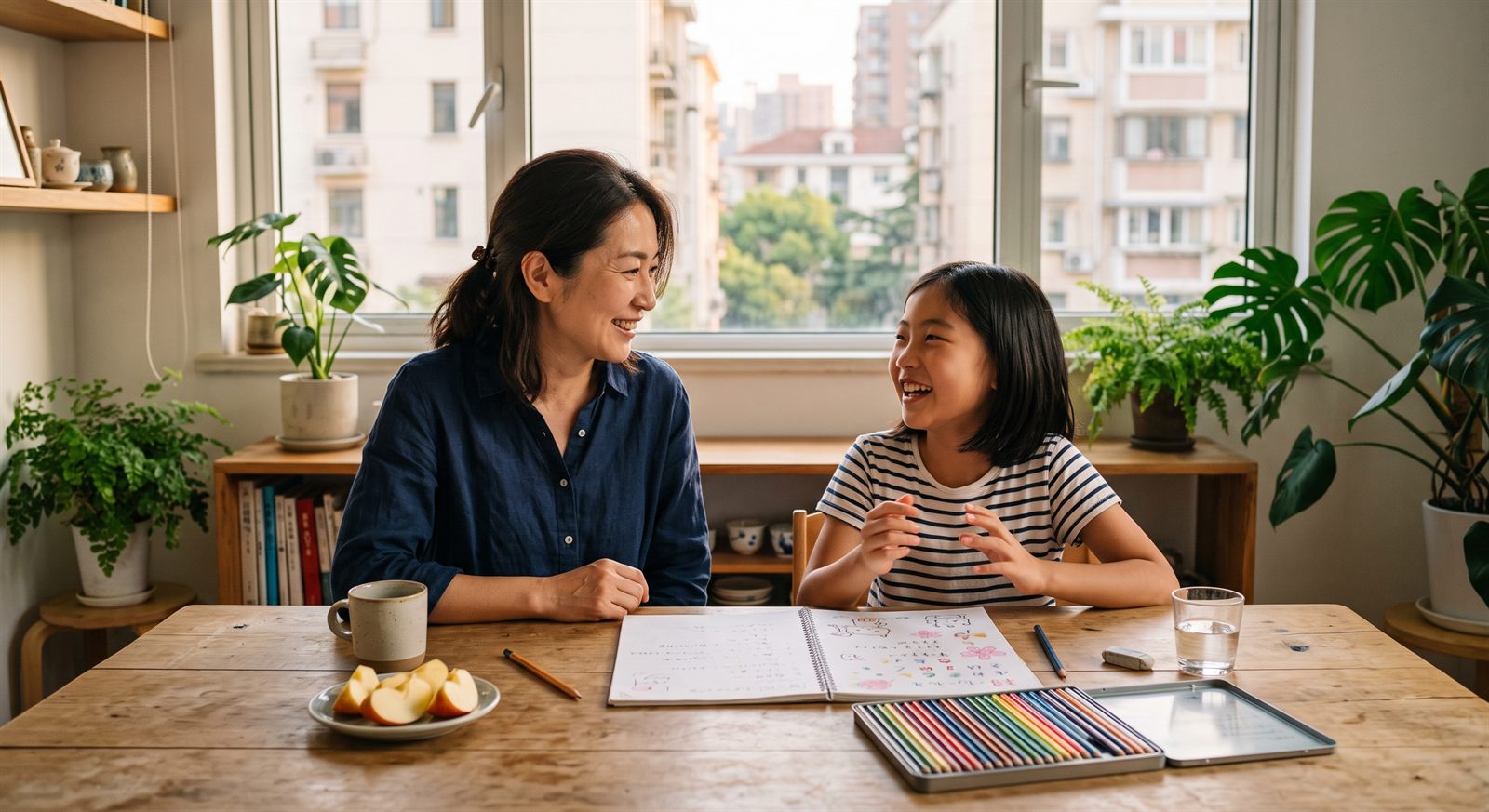 上海の自宅のキッチンで、オンライン日本語レッスンの話を保護者にうれしそうに伝える小学生