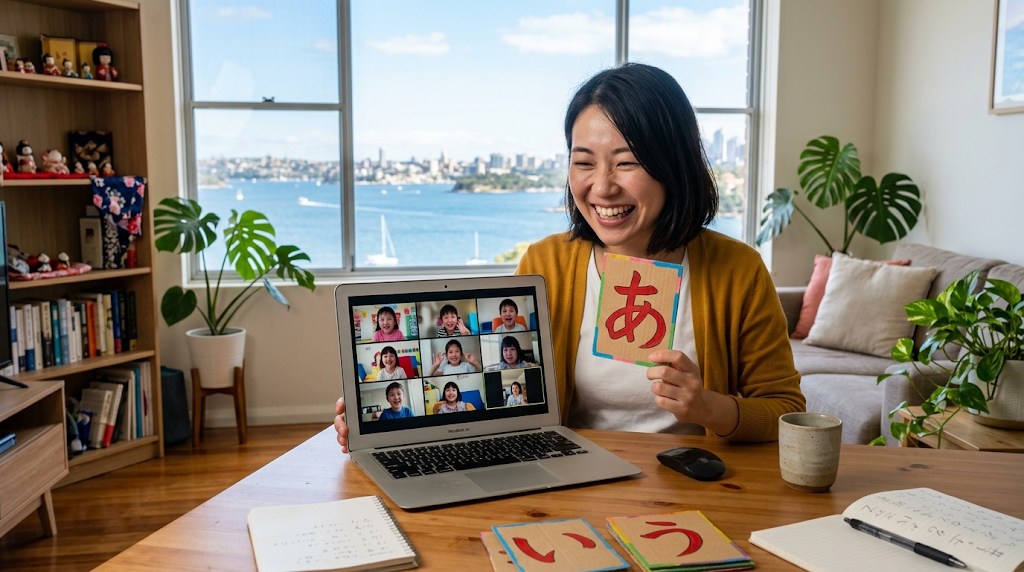 シドニーの海が見えるアパートのリビングで、ひらがなカードを見せながらノートパソコンでオンライン日本語授業をする日本人女性