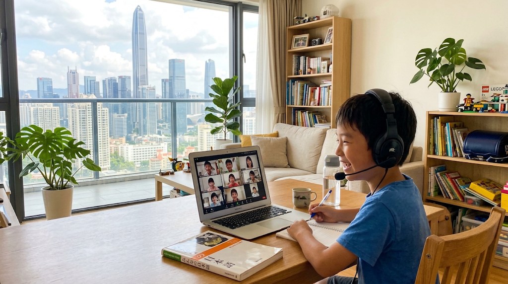 深圳の高層マンションの明るいリビングで、窓の外に高層ビル群が見えるテーブルでノートパソコンに向かい、笑顔でオンライン日本語グループレッスンに参加する10歳くらいの男の子