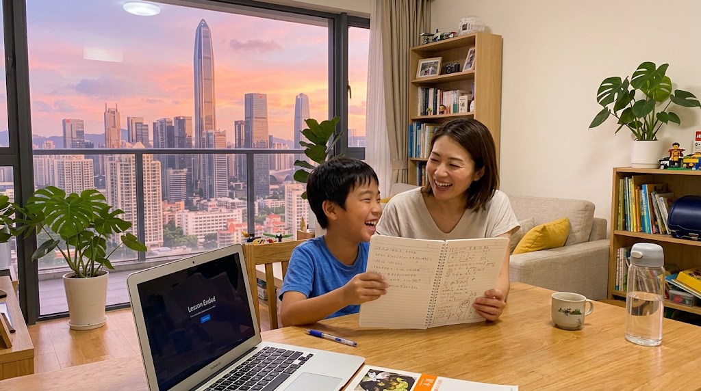 深圳の自宅の夕方のダイニングで、レッスンのあとにノートを母親に見せて笑い合う10歳くらいの男の子