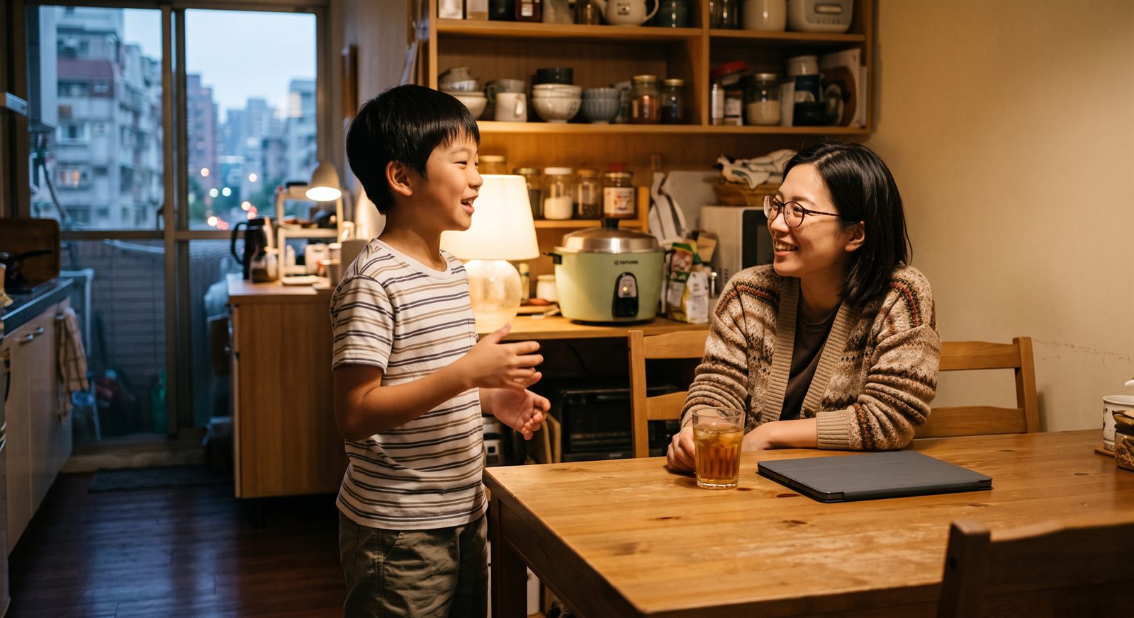 台北の自宅のダイニングで、レッスンの話をうれしそうに伝える小学生と、座って笑顔で聞く保護者