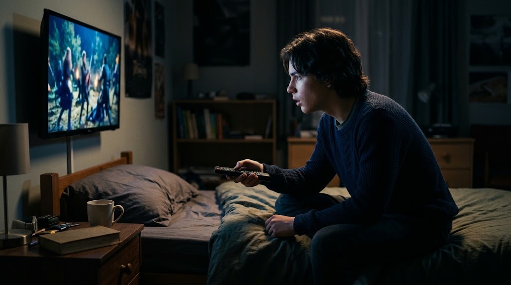 A teenager watching a show at night with the subtitles turned off, concentrating hard