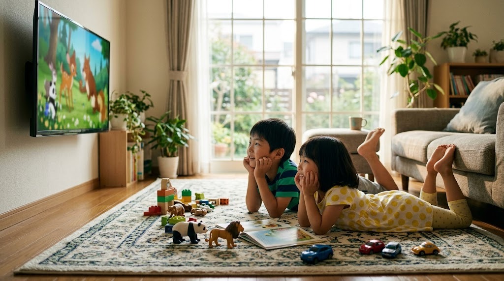 Two young children absorbed in a cartoon on the living room floor
