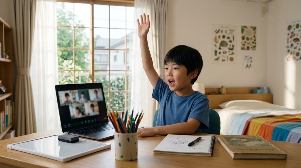 A young boy raising his hand and answering during an online Japanese lesson at home
