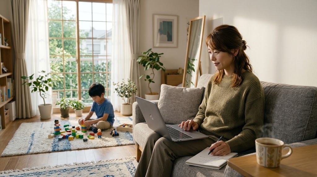 A parent comparing online lesson options on a laptop while her child plays nearby