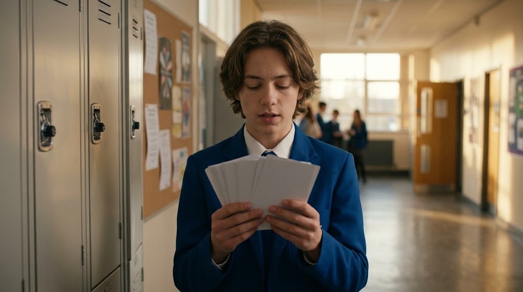 A student rehearsing oral exam answers from cue cards in a school corridor