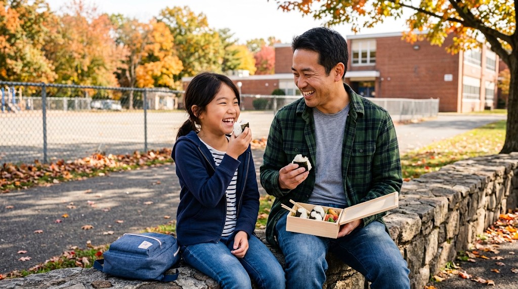 A father and his daughter laugh while sharing onigiri from a wooden bento box on a stone wall outside a New Jersey school on an autumn day