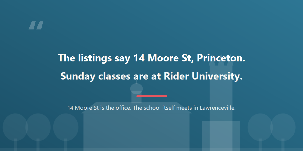 Listings give 14 Moore St, Princeton, but PCJLS holds Sunday classes at Rider University in Lawrenceville