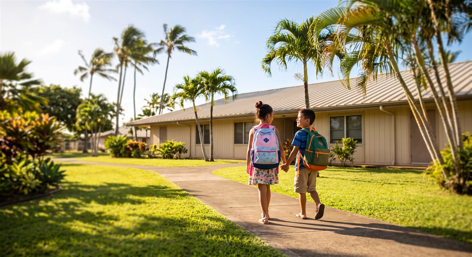 Two children with backpacks walking together toward a low school building on a bright Hawaii morning