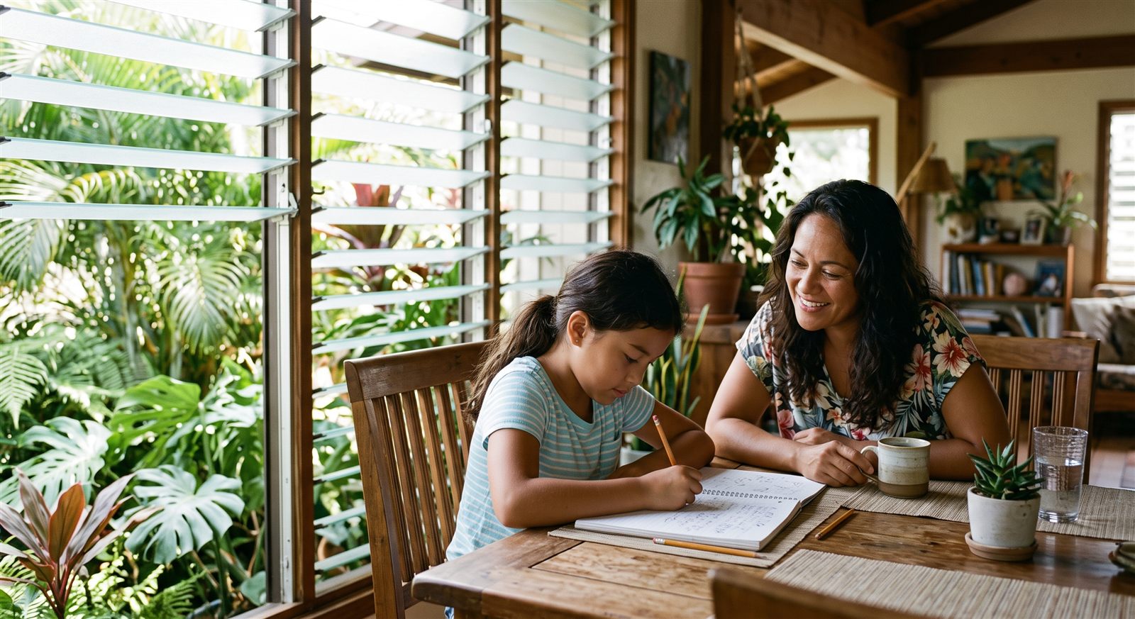 A girl in Honolulu writing in a notebook at a dining table while her mother sits beside her smiling
