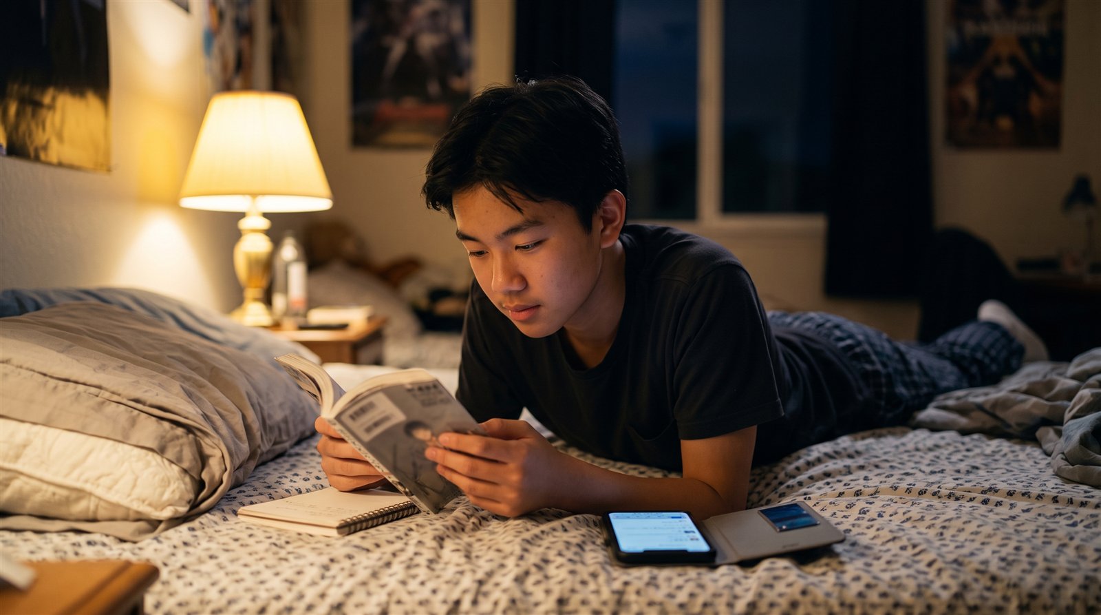 A teenage boy reading Japanese manga on his bed with a notebook and dictionary app