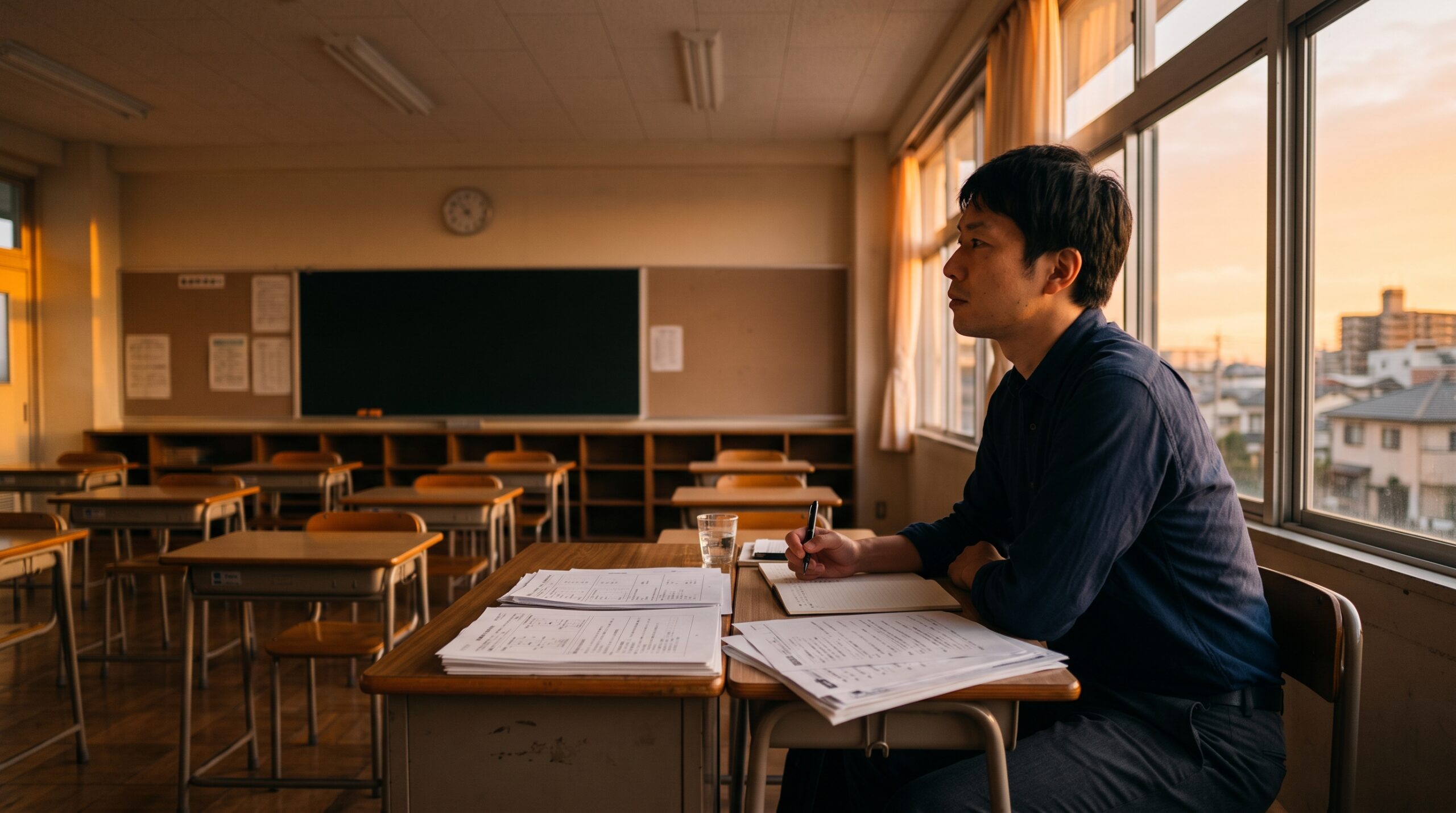 夕方の教室で窓の外を見ながら、机に向かって考えごとをしている日本人の男性教員