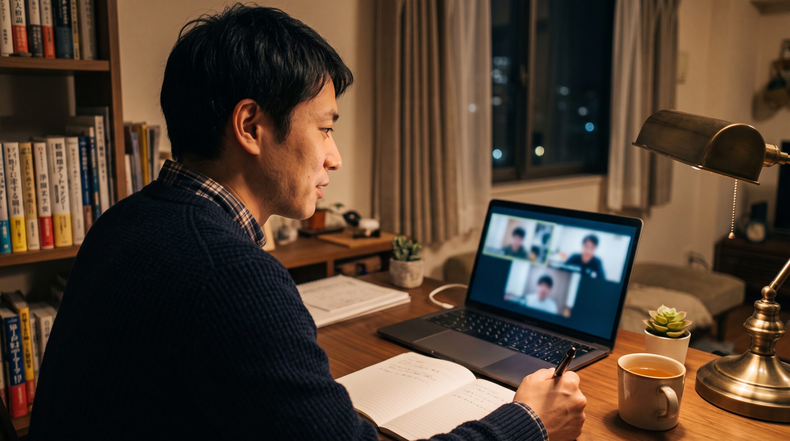 自宅の机でノートパソコンの画面越しに子どもへ話しかけ、うなずきながら聞いている日本人の男性教師