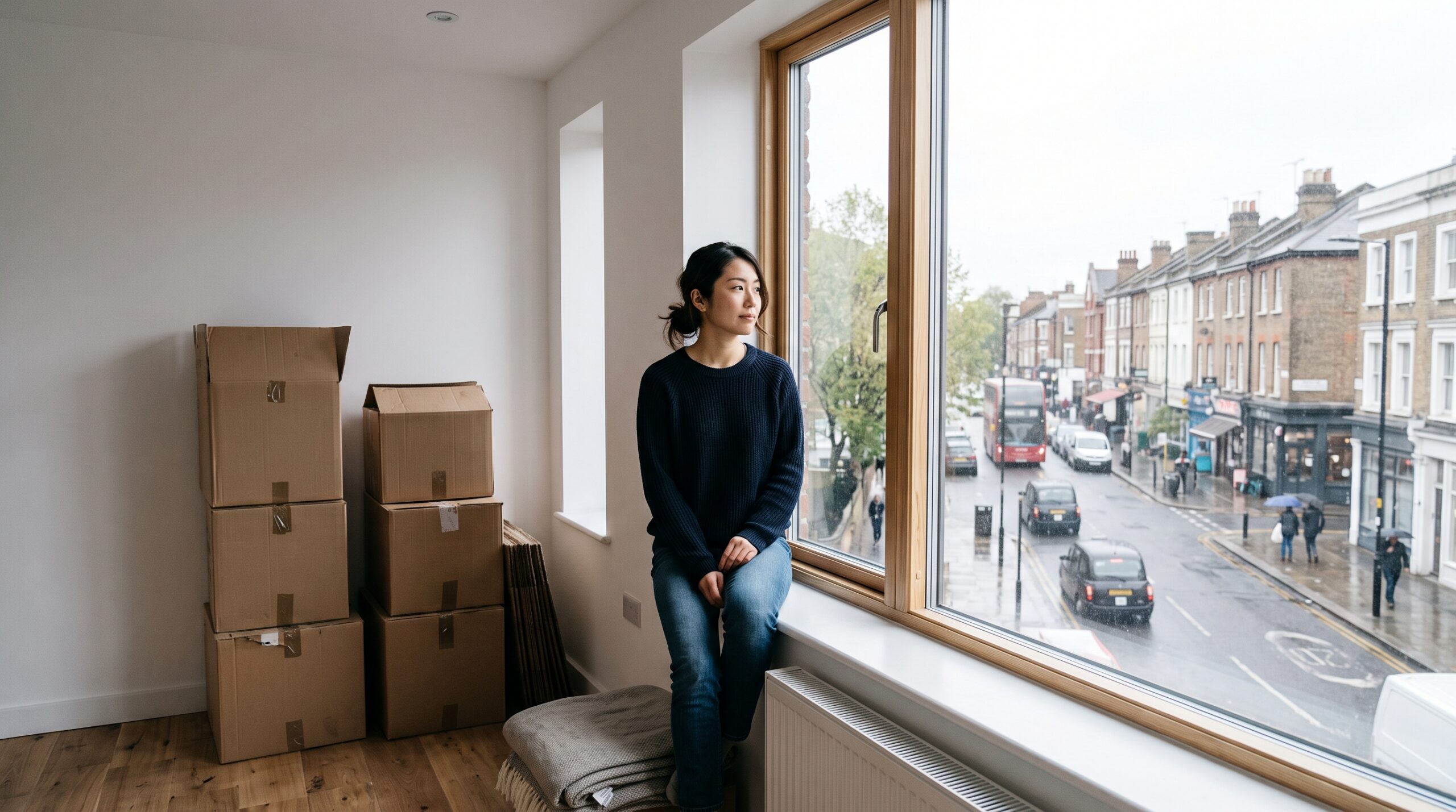 海外の住まいの窓辺で、荷ほどきの終わった部屋に座り考えごとをしている日本人女性