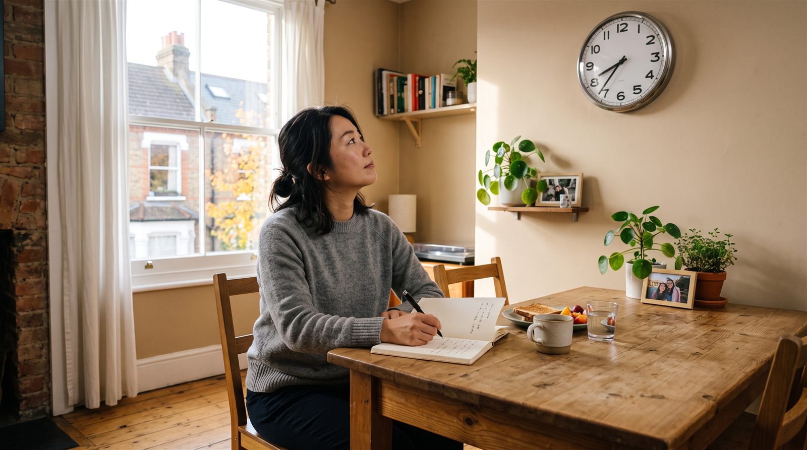 海外のアパートのダイニングテーブルで、時計とノートを前に仕事の予定を考えている日本人女性