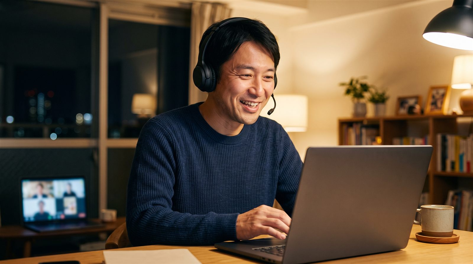 海外の自宅の書斎でヘッドセットを着け、ノートパソコン越しに笑顔で話している日本人男性