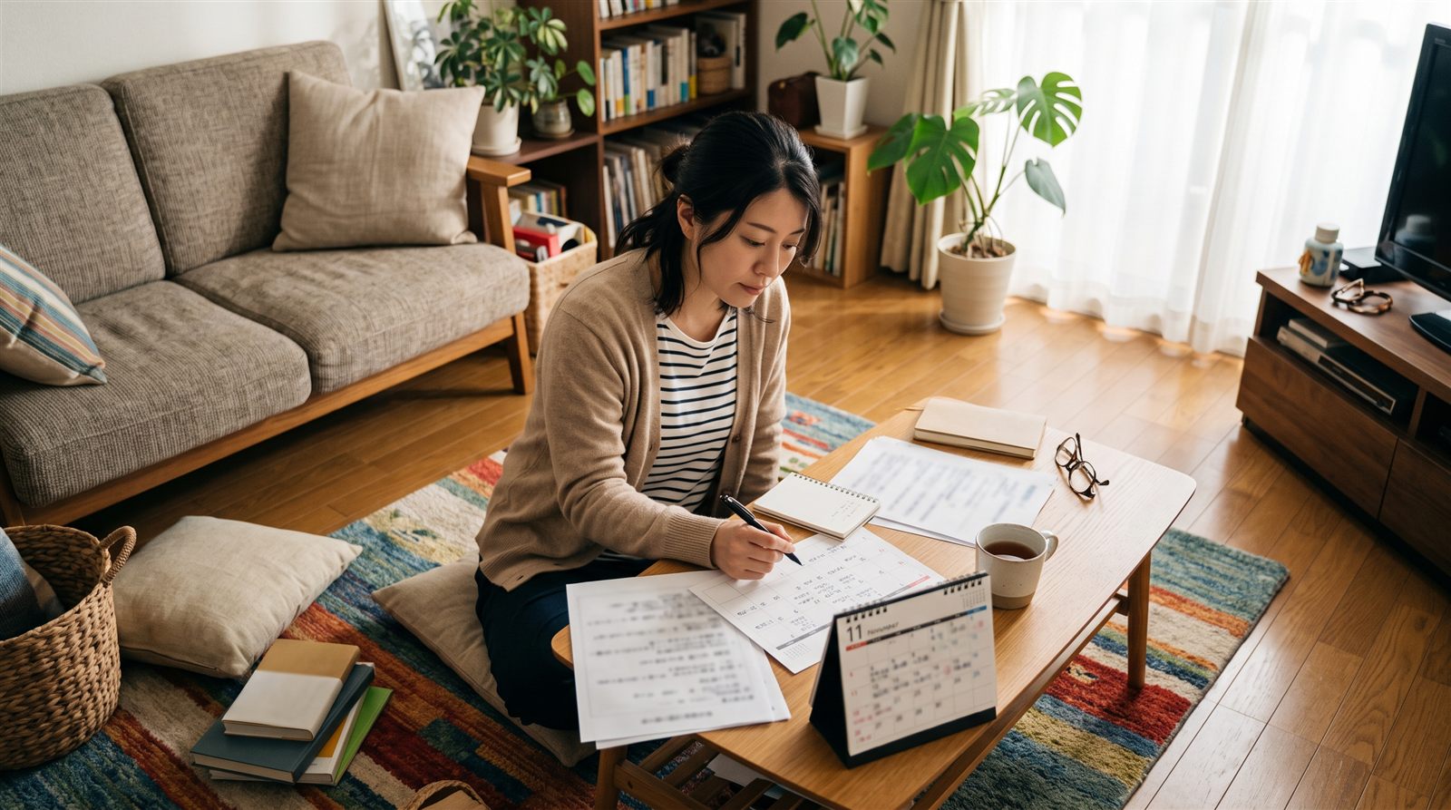 日本の自宅のリビングで、カレンダーと書類を広げて渡航までの予定を考えている日本人女性