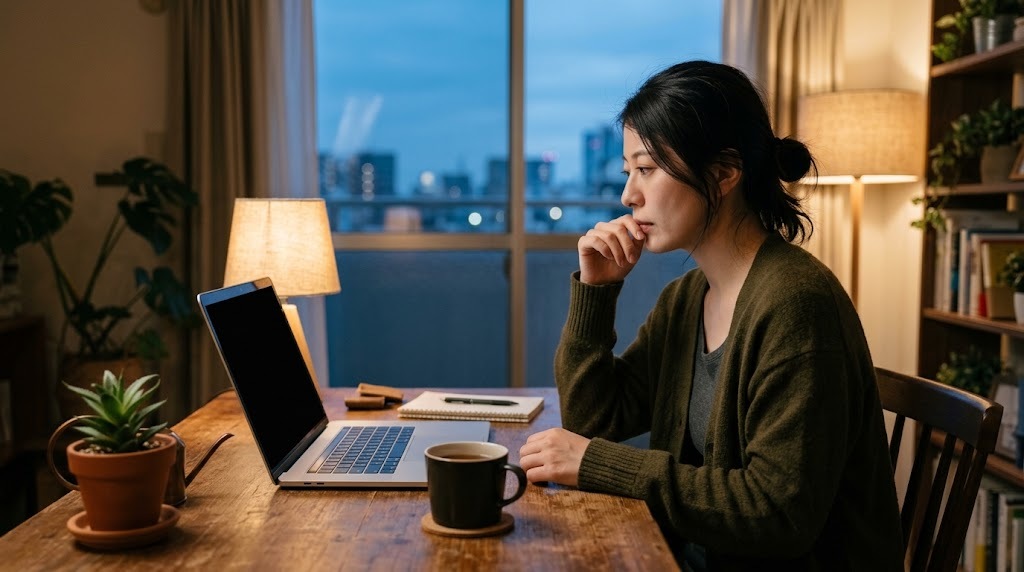 夕方の部屋でノートパソコンのメール画面を見つめ、手を口元に当てて考え込む日本人女性