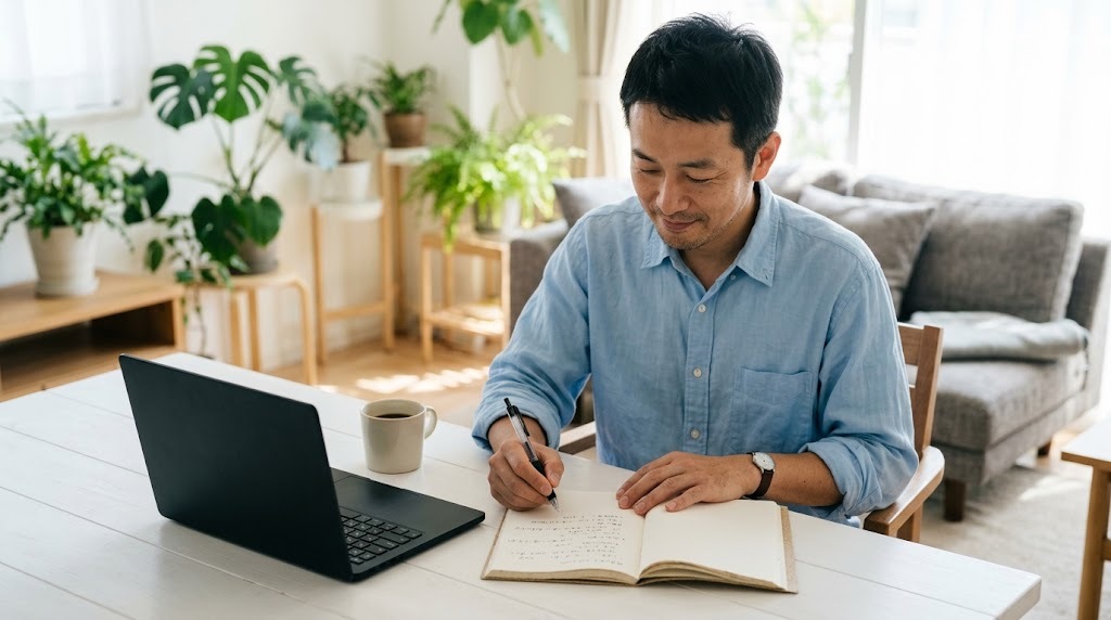 明るいリビングのテーブルでノートにレッスンの構成を書き出しながら、ノートパソコンを開いている日本人男性