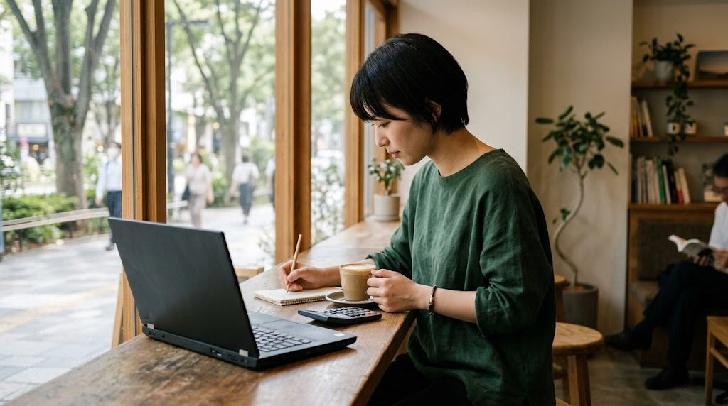 カフェの窓際の席で、ノートパソコンの横に電卓とメモを置いて数字を書き出している日本人女性
