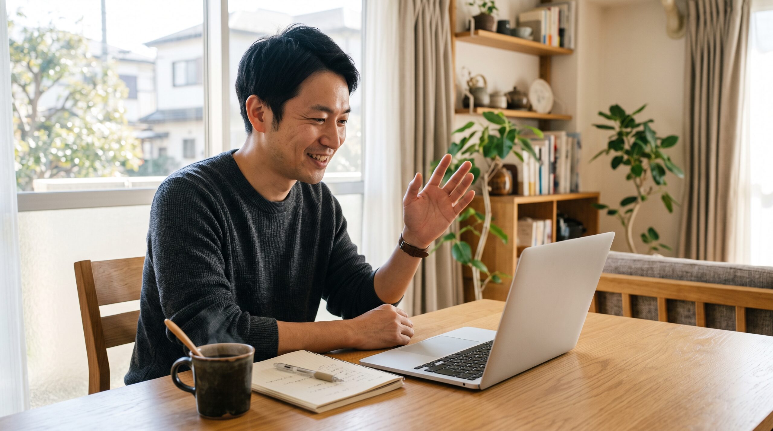 朝の明るいダイニングで、ノートパソコンの画面に向かってにこやかに話しかける日本人男性
