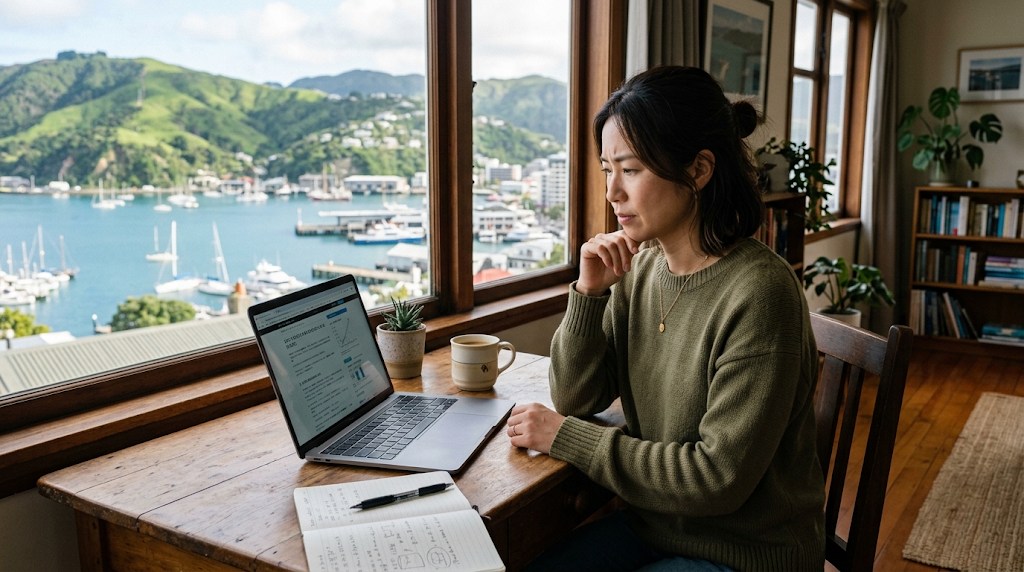海の見える部屋でノートパソコンを開き、海外の学校の募集情報を調べる日本人女性