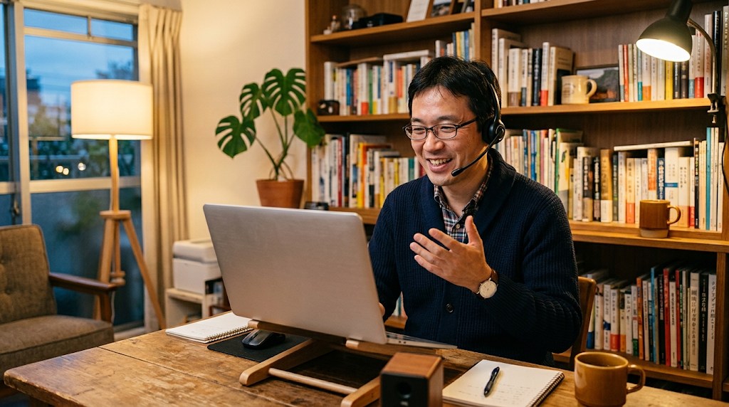 夕方の書斎でヘッドセットを着け、ノートパソコンに向かって笑顔で話しかける日本人男性