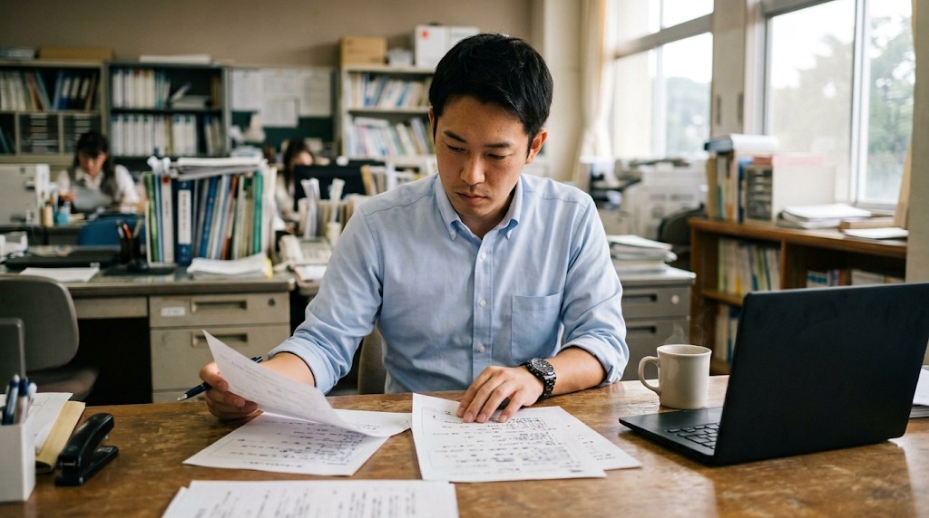 職員室の机で募集要項の資料を広げ、真剣な表情で読み比べる日本人の男性教員