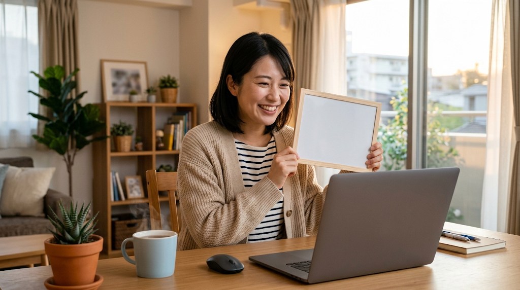 自宅のデスクでノートパソコンに向かい、画面の子どもたちにホワイトボードを見せながら授業をする日本人女性