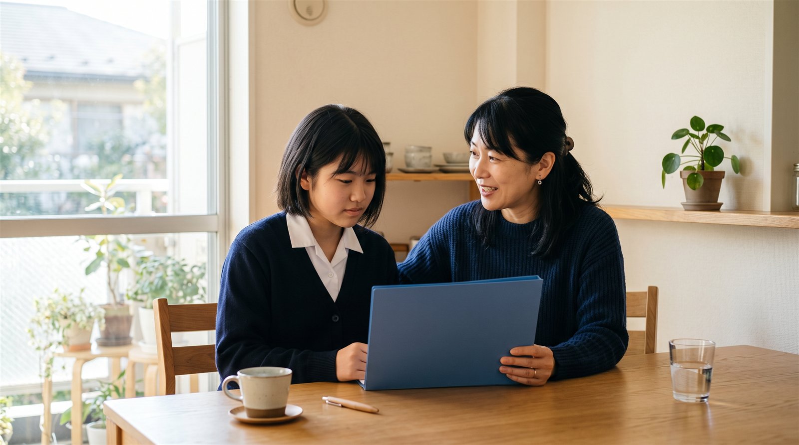 明るい日本のマンションのダイニングで、母親と中学3年生の娘が青いファイルを見ながら進路について話している様子