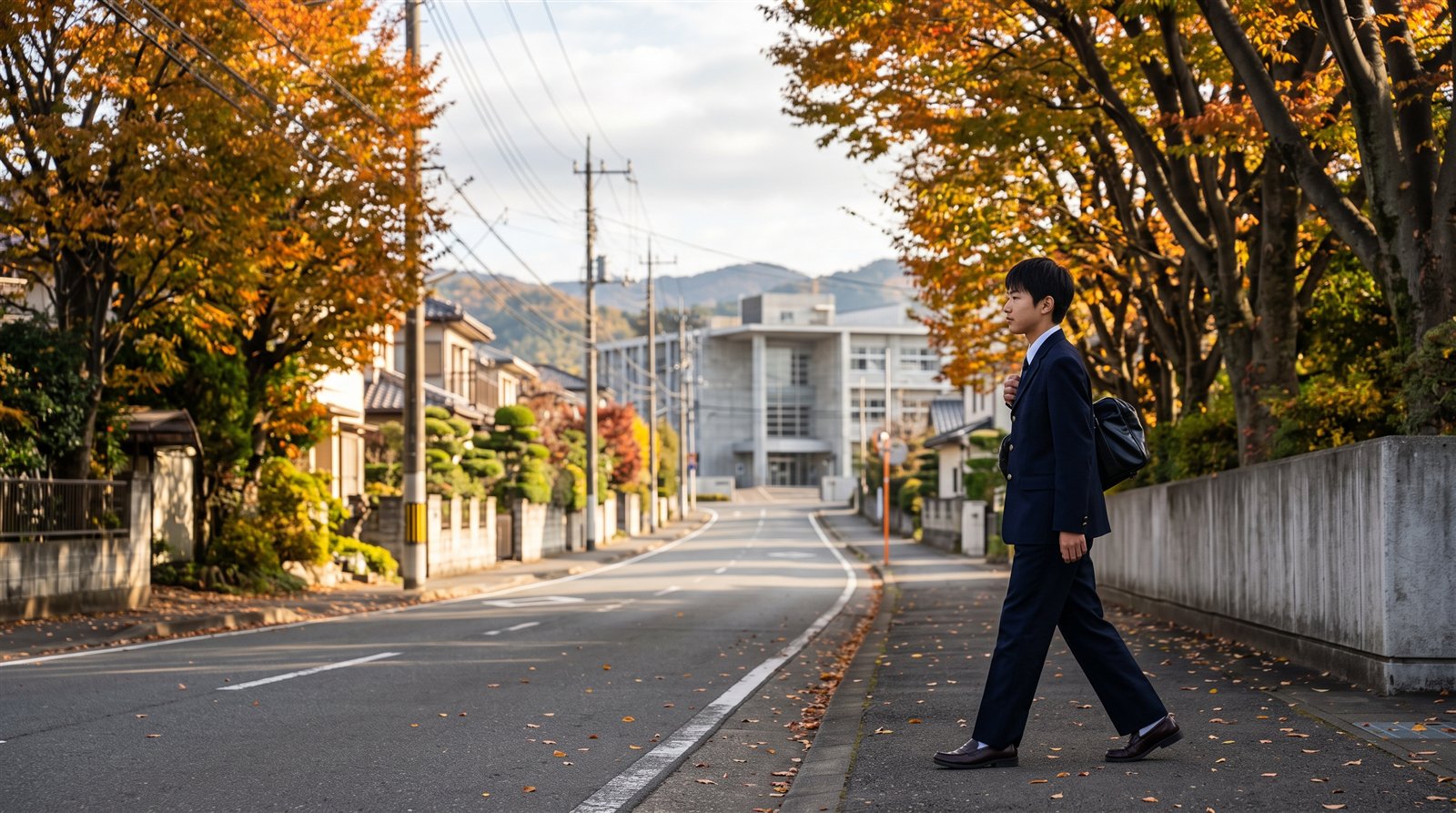 秋の朝、並木道を公立高校の校舎に向かって歩く制服姿の男子中学生