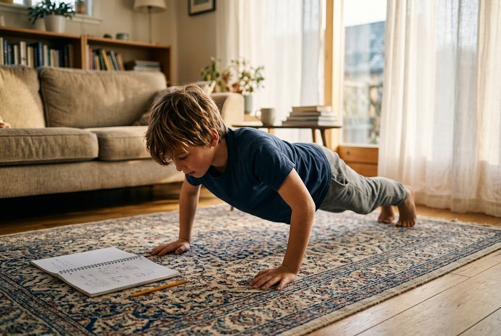 A boy doing push-ups on a living room rug in the morning, an open notebook beside him