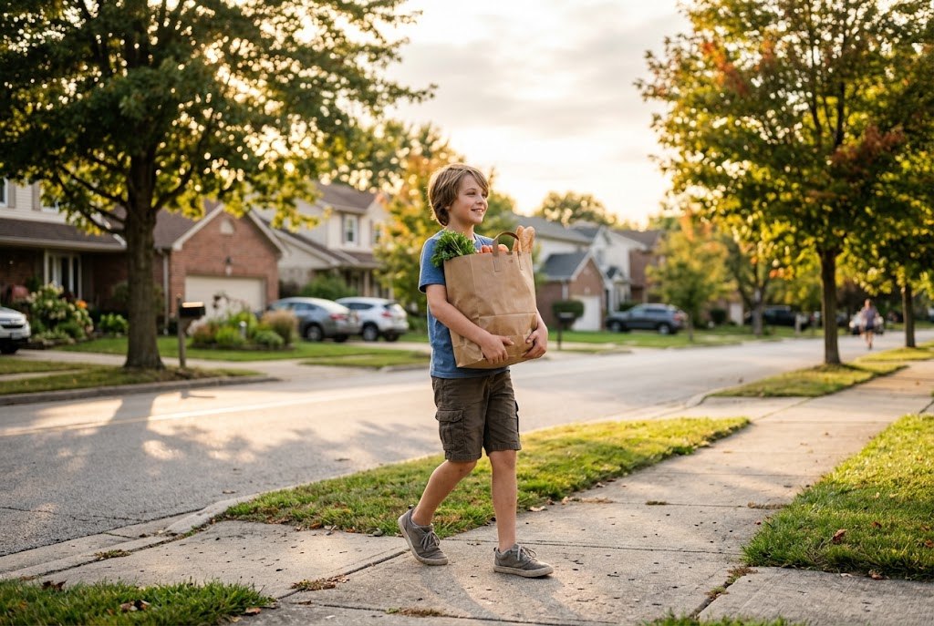 A smiling boy walking home along a suburban street carrying a grocery bag