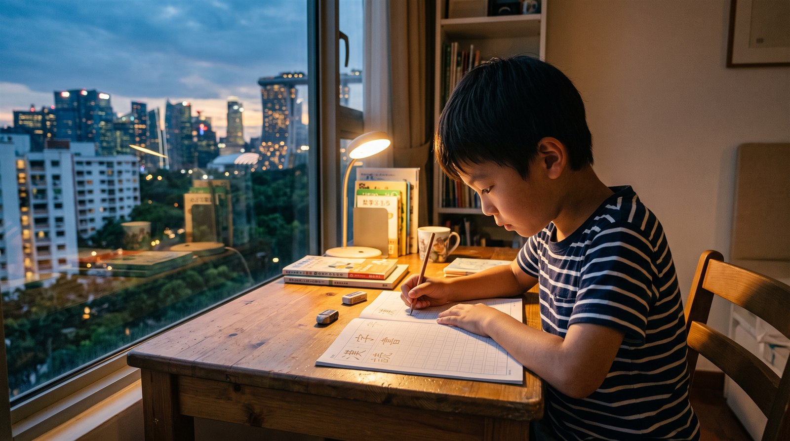 A boy practising kanji at a desk in a Singapore apartment in the evening