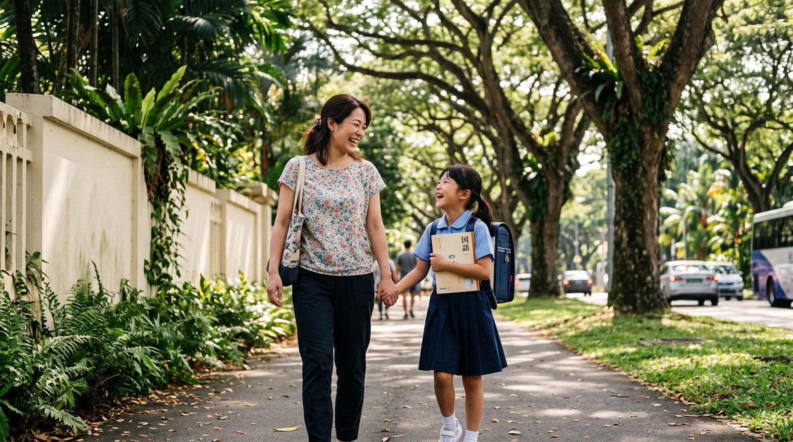 A Japanese mother and her daughter walking to Saturday Japanese school along a tree-lined road in Singapore