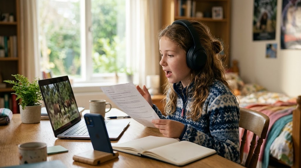 A girl shadowing Japanese audio out loud with a script sheet while recording herself