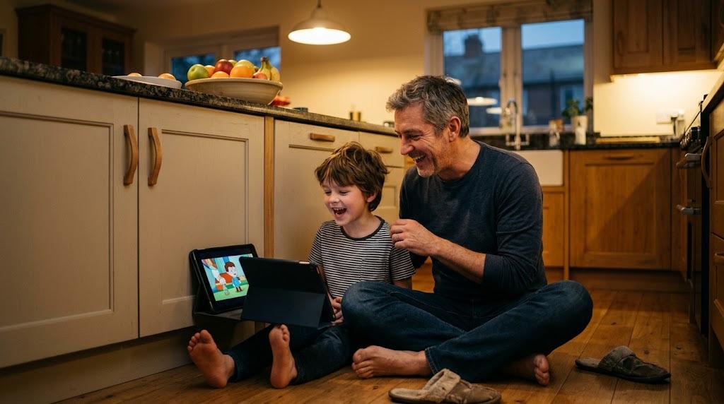 A father and young son copying a Japanese line together from a tablet at home