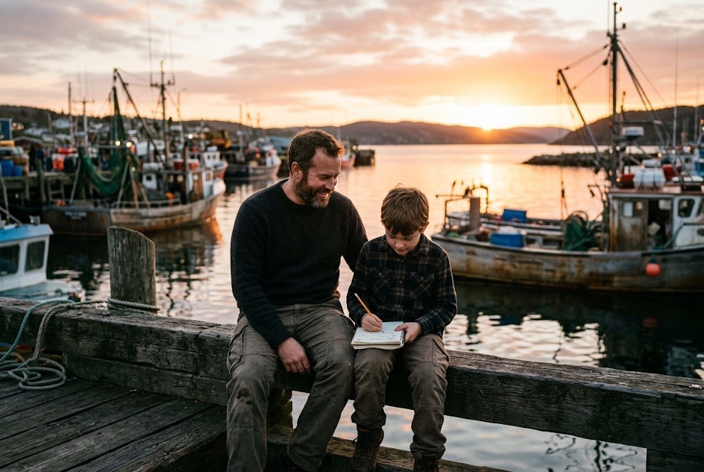 A father and son sitting on a harbour pier at sunset, the boy writing in a notebook