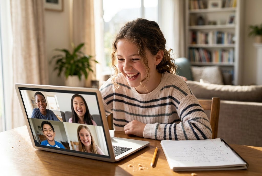 Children of different backgrounds laughing together on a video call