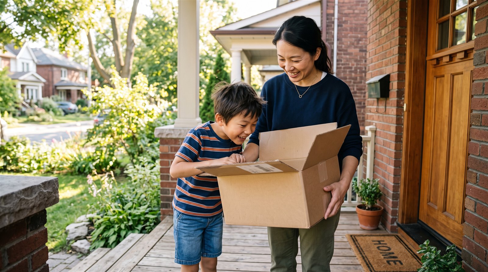 海外の住宅の玄関先で、日本人の母親と小学生の子どもが日本から届いた段ボール箱を一緒に受け取っている様子