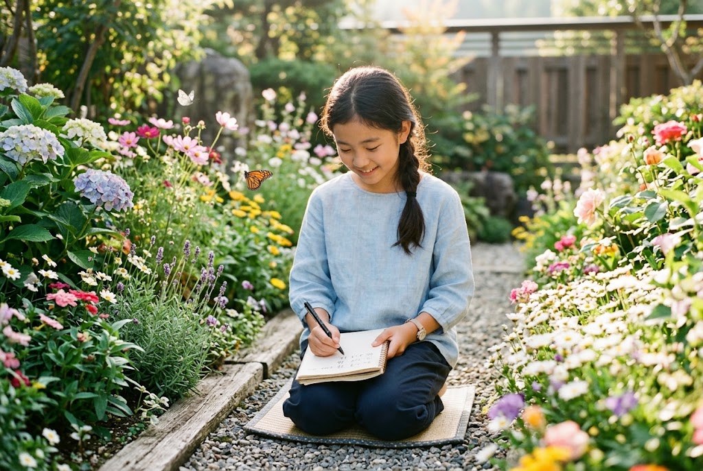 A girl writing Japanese in a notebook in a garden with butterflies