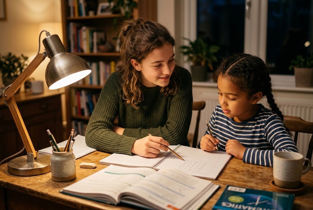 An older sister helping her younger sister with homework at a desk