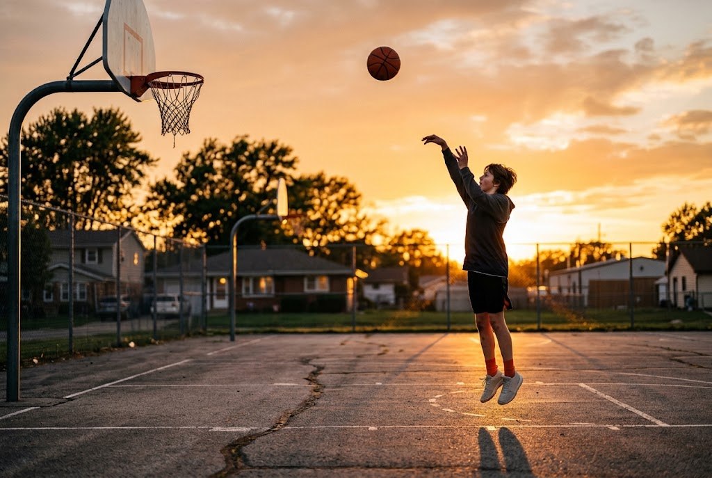 A teenager shooting a basketball on an outdoor court at sunset